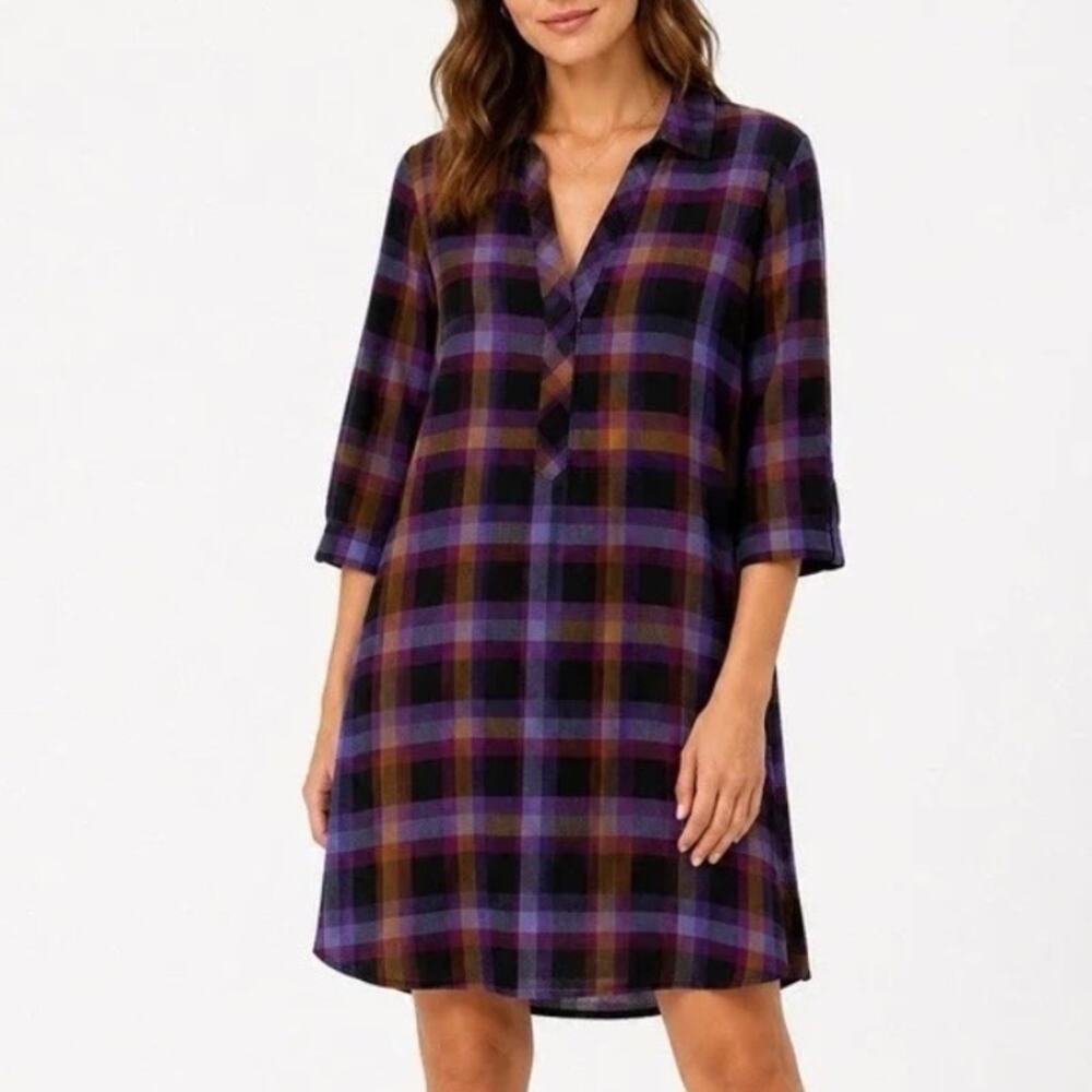 J. Jill Plaid Tunic Shirt Dress Purple Black Brown XS Petite